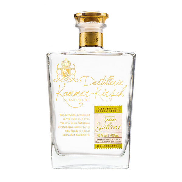 Flasche Kammer-Kirsch Williams Obstbrand mit goldener Beschriftung.