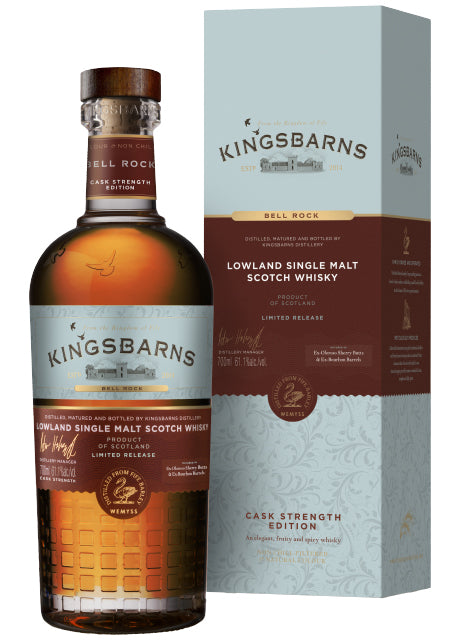 Eine Flasche Kingsbarns Bell Rock Lowland Single Malt Scotch Whisky mit dazugehöriger Verpackung.