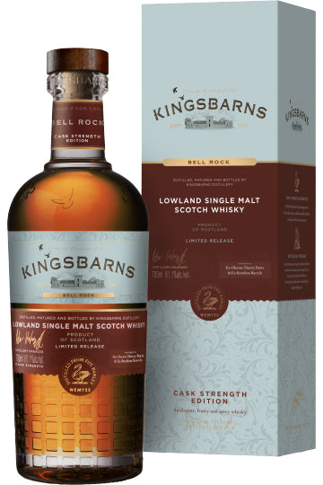 Flasche Kingsbarns Bell Rock Whisky neben passender Verpackung.