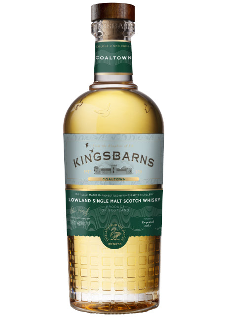 Flasche Kingsbarns Lowland Single Malt Scotch Whisky mit Coaltown-Etikett.