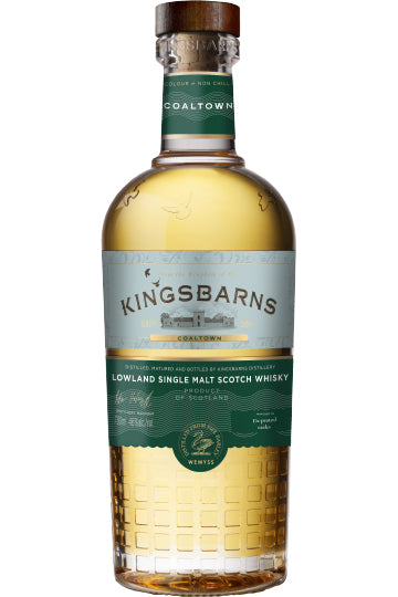 Flasche Kingsbarns Lowland Single Malt Scotch Whisky mit braunem Verschluss und grünem Etikett.