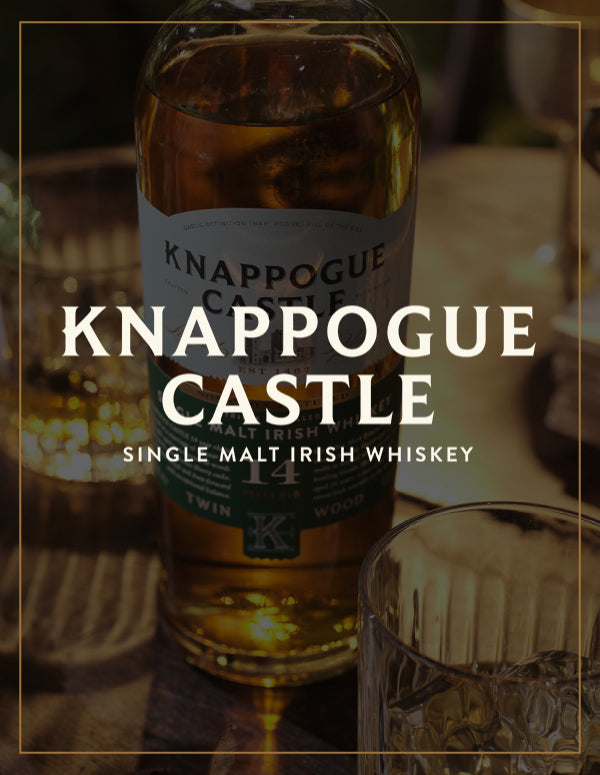 Mood Bild Flasche Knappogue Castle mit Gläsern und weißem Logo