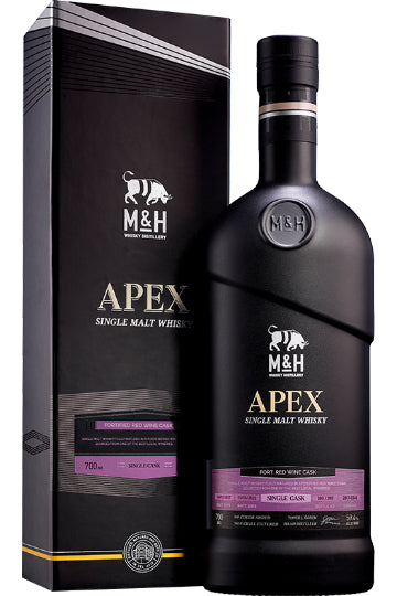 Eine Flasche Apex Single Malt Whisky mit Verpackung im Hintergrund.
