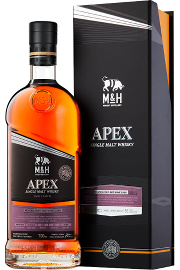 Eine Flasche M&H Apex Single Malt Whisky vor ihrer Verpackung.