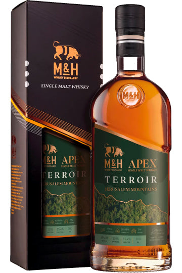 Eine Flasche M&H Apex Terroir Jerusalem Mountains Whisky neben der zugehörigen Verpackung.