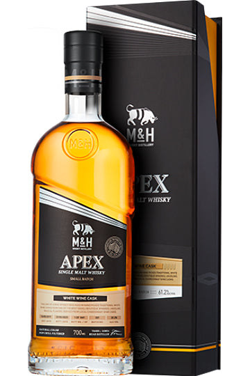 Flasche M&H Apex Single Malt Whisky mit passender Verpackung.