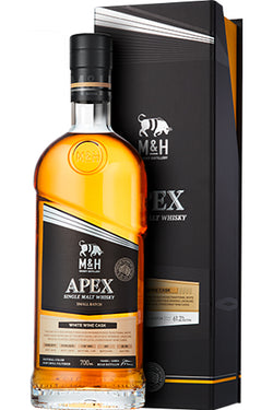 Flasche M&H Apex Single Malt Whisky mit passender Verpackung.