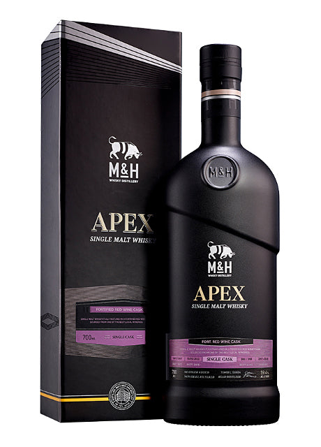 Flasche M&H Apex Single Malt Whisky mit Verpackung