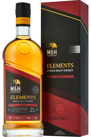 Eine Flasche M&H Elements Single Malt Whisky neben ihrer Verpackung.