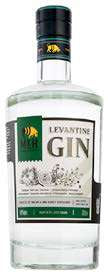 Eine Flasche Levantine Gin mit grün-weißem Etikett und schwarzem Verschluss.