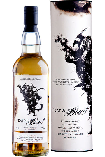 Eine Flasche Peat's Beast Whisky mit dazugehöriger Verpackung, beide mit kunstvollem Monster-Design.