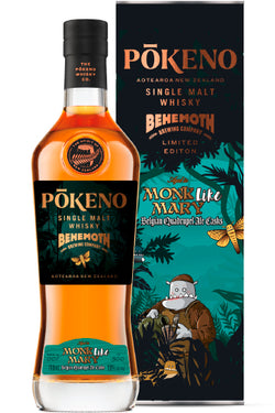 Eine Flasche Pōkeno Single Malt Whisky vor einer dazugehörigen Verpackung mit einem Cartoon-Mönch.