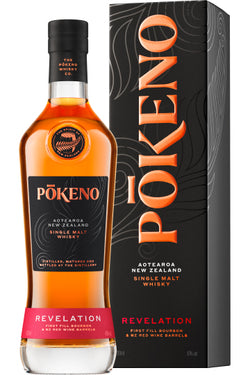 Pōkeno Revelation Single Malt Whisky Flasche und Verpackung.