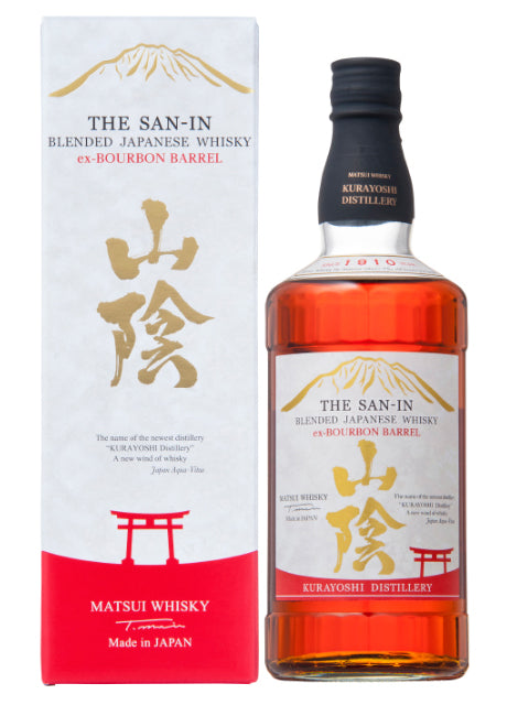 Eine Flasche "The San-In" japanischer Whisky mit Verpackung.