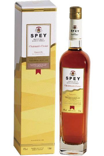 Flasche Spey Chairman's Choice Whisky neben der Verpackungsbox.