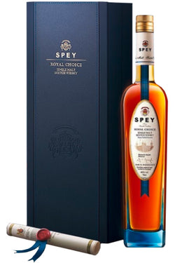 Spey Royal Choice Whisky-Flasche mit passender Geschenkbox und versiegelter Schriftrolle.