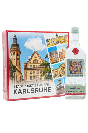 Stadtpunkt Karlsruhe Gesellschaftsspiel mit Schwarzwälder Kirschwasserflasche daneben.