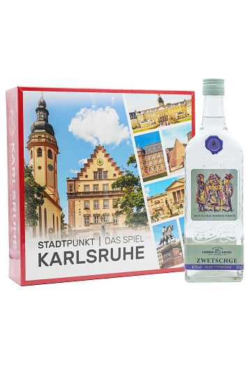 Brettspiel "Karlsruhe" und eine Flasche Zwetschgenlikör.