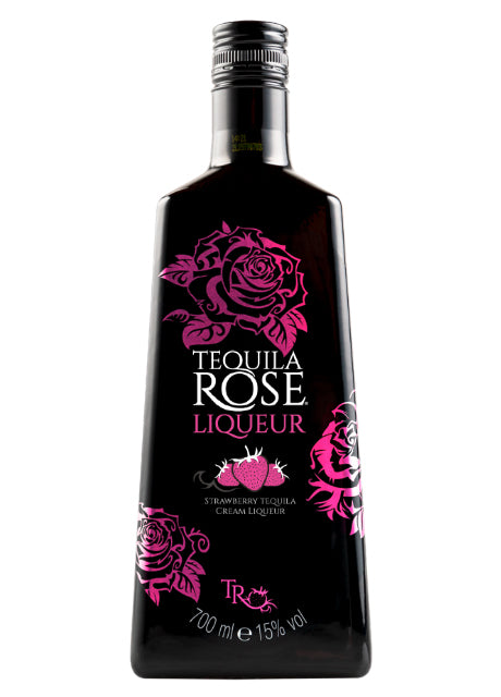 Flasche Tequila Rose Likör mit Rosendesign und Erdbeermotiv.