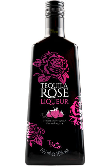 Schwarze Flasche Tequila Rose Erdbeer-Creme-Likör mit rosa Rosenmuster.