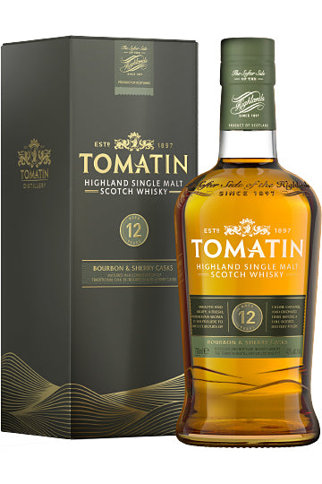 Tomatin 12 Jahre Scotch Whisky mit Verpackung.