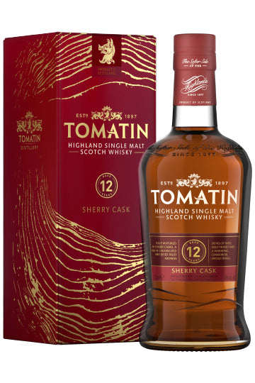 Tomatin 12 Jahre Sherry Cask Whiskyflasche und Verpackung.