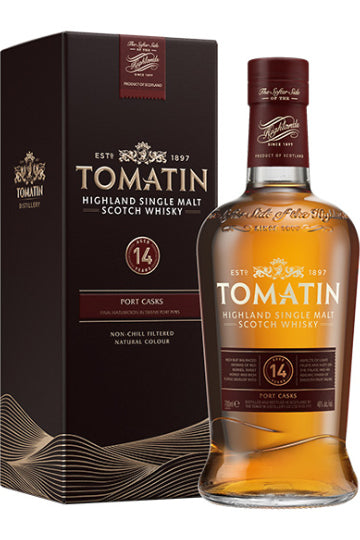 Flasche und Verpackung von Tomatin 14 Jahre Highland Single Malt Scotch Whisky in dunkelbrauner Schachtel.