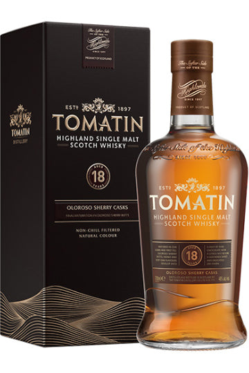 Flasche Tomatin 18 Jahre alter Highland Single Malt Scotch Whisky und passende Verpackung.