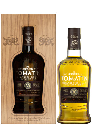 Tomatin 30 Jahre Highland Single Malt Scotch Whisky in Verpackung und Flasche.