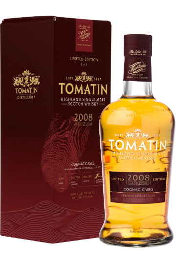 Flasche und Verpackung des Tomatin 2008 Highland Single Malt Scotch Whiskys aus Cognac-Fässern.