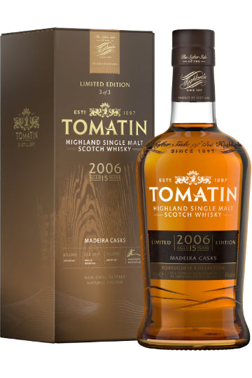 Flasche und Verpackung von Tomatin Highland Single Malt Scotch Whisky, Limited Edition 2006 Madeira Casks.