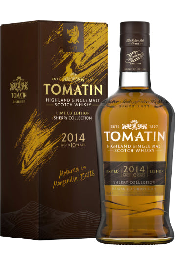 Flasche und Verpackung des Tomatin 10 Jahre alten Highland Single Malt Scotch Whisky aus der Sherry Collection, Jahrgang 2014.