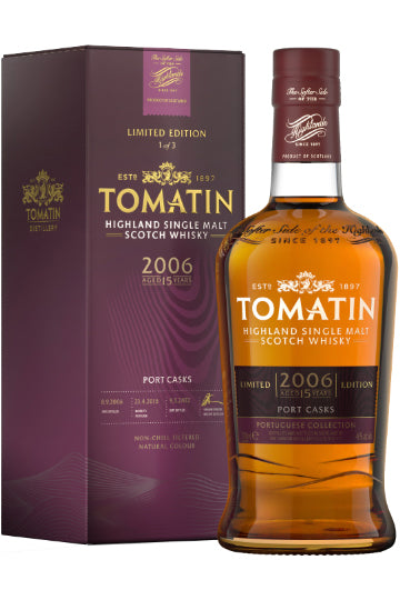 Tomatin Highland Single Malt Scotch Whisky Flasche und Verpackung.