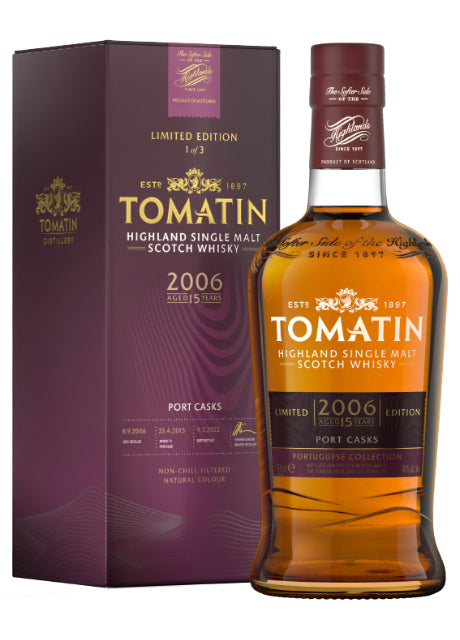 Flasche Tomatin Highland Single Malt Whisky mit Verpackung, limitiert auf Jahrgang 2006, in Portweinfässern gereift.