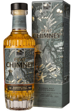 Eine Flasche "Peat Chimney" Blended Malt Scotch Whisky mit passender Verpackung.
