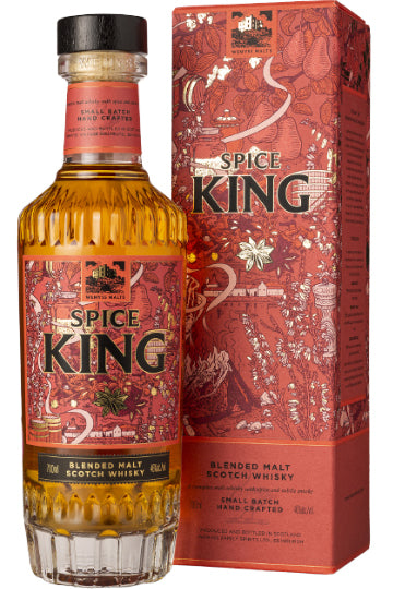 Flasche und Verpackung des Spice King Blended Malt Scotch Whisky.