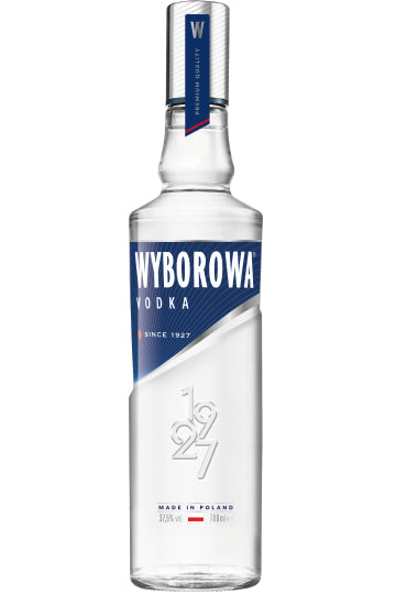 Flasche Wodka der Marke Wyborowa mit blauer Etikettierung und polnischem Herkunftshinweis.