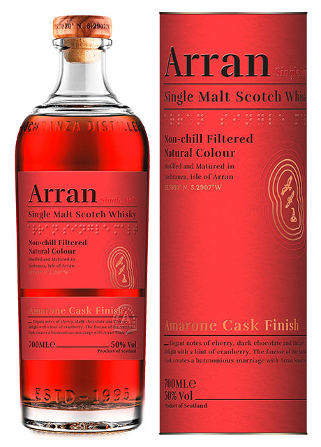 Flasche und Verpackung eines Arran Single Malt Scotch Whisky mit Amarone Cask Finish