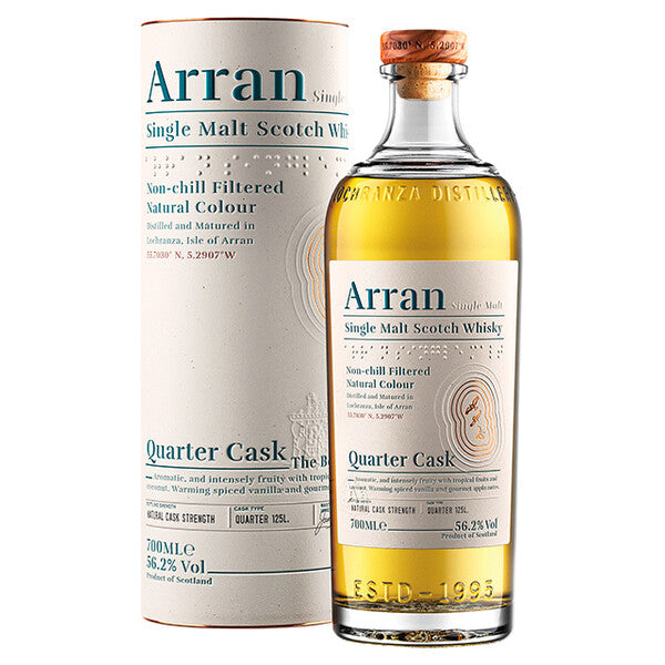 Arran Single Malt Scotch Whisky Flasche und Verpackung mit Details zur Sorte Quarter Cask.
