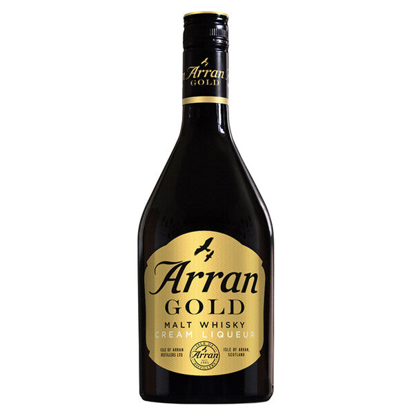 Eine schwarze Flasche mit goldenem Etikett, das "Arran Gold Malt Whisky Cream Liqueur" zeigt.