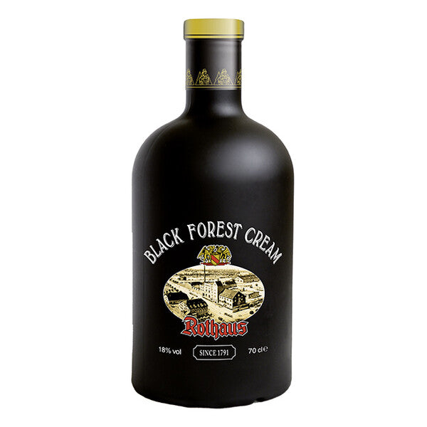 Flasche Rothaus Black Forest Cream Likör mit schwarzem Etikett und goldener Illustration.