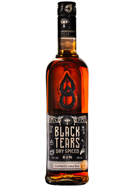 Flasche Black Tears Dry Spiced Rum mit dekorativem Etikett und kubanischem Design.