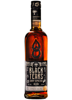 Flasche Black Tears Dry Spiced Rum mit dekorativem Etikett und kubanischem Design.