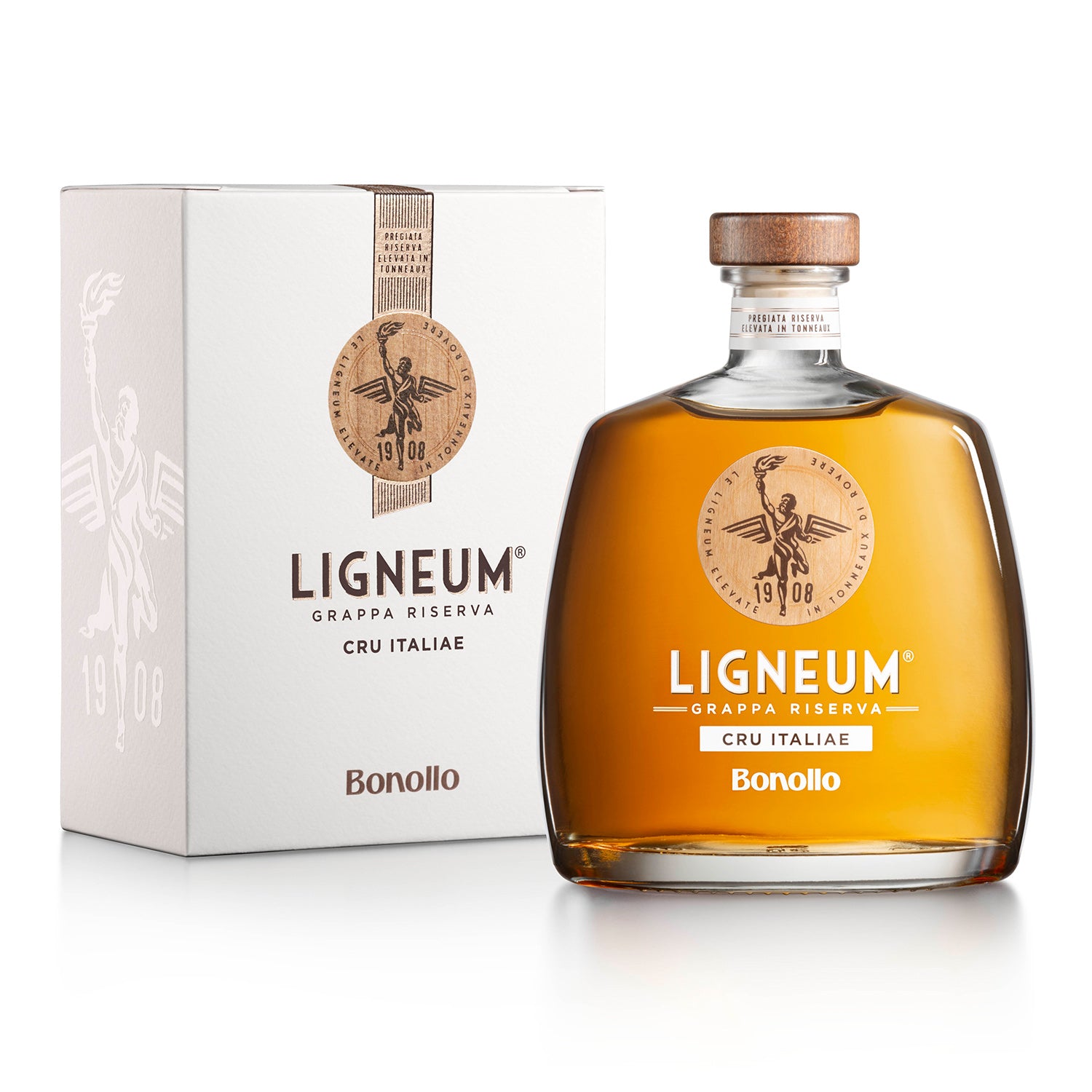 Flasche Lignum Grappa Riserva und zugehörige Verpackung mit Logo und Aufschrift "Bonollo".