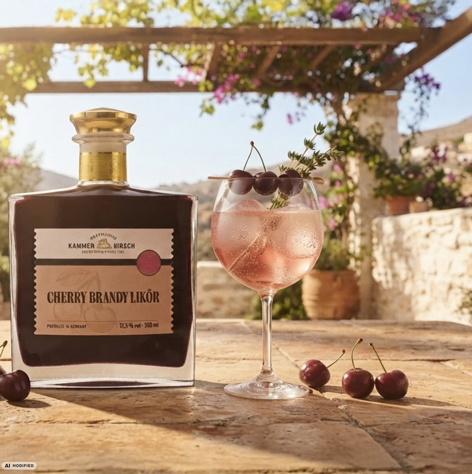 Cherry Brandy Likör mit Spritz Getränk und Kirschgarnitur auf mediterraner Terrasse
