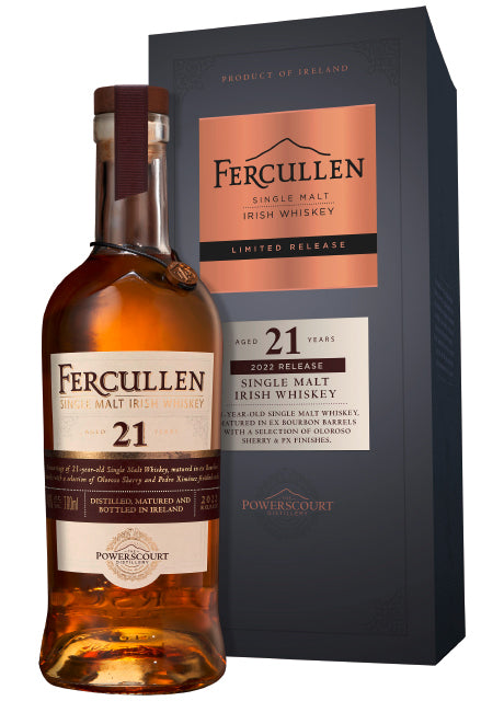 Fercullen 21 Jahre Single Malt Irish Whiskey Flasche und Verpackung.