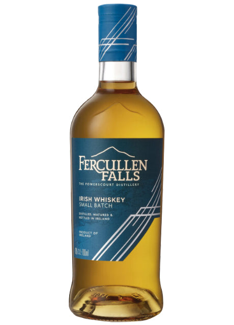 Eine Flasche Fercullen Falls Irish Whiskey mit einem blauen Etikett.