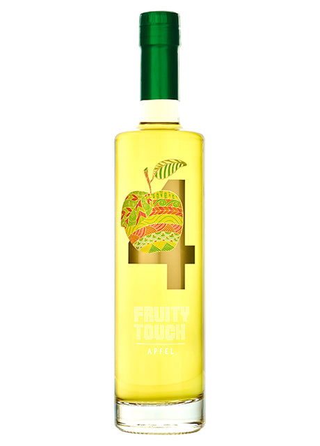 Flasche mit gelblichem Inhalt und buntem Apfel-Aufdruck, Beschriftung "Fruity Touch Apfel".