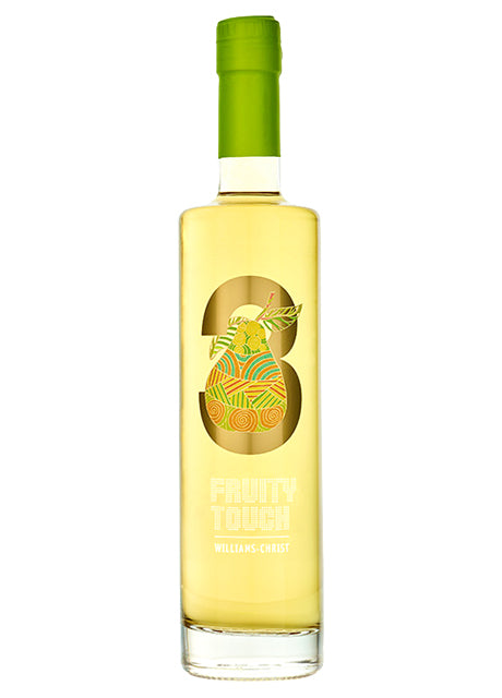 Eine Flasche Williams-Christ-Birnenlikör mit grünem Verschluss und bunter Birnenillustration auf dem Etikett.