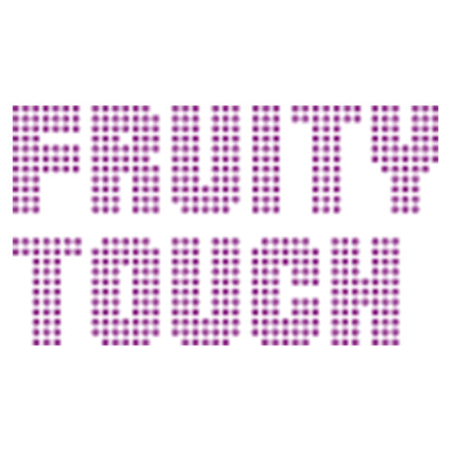 Lila gepunkteter Text auf weißem Hintergrund, der "FRUITY TOUCH" lautet.